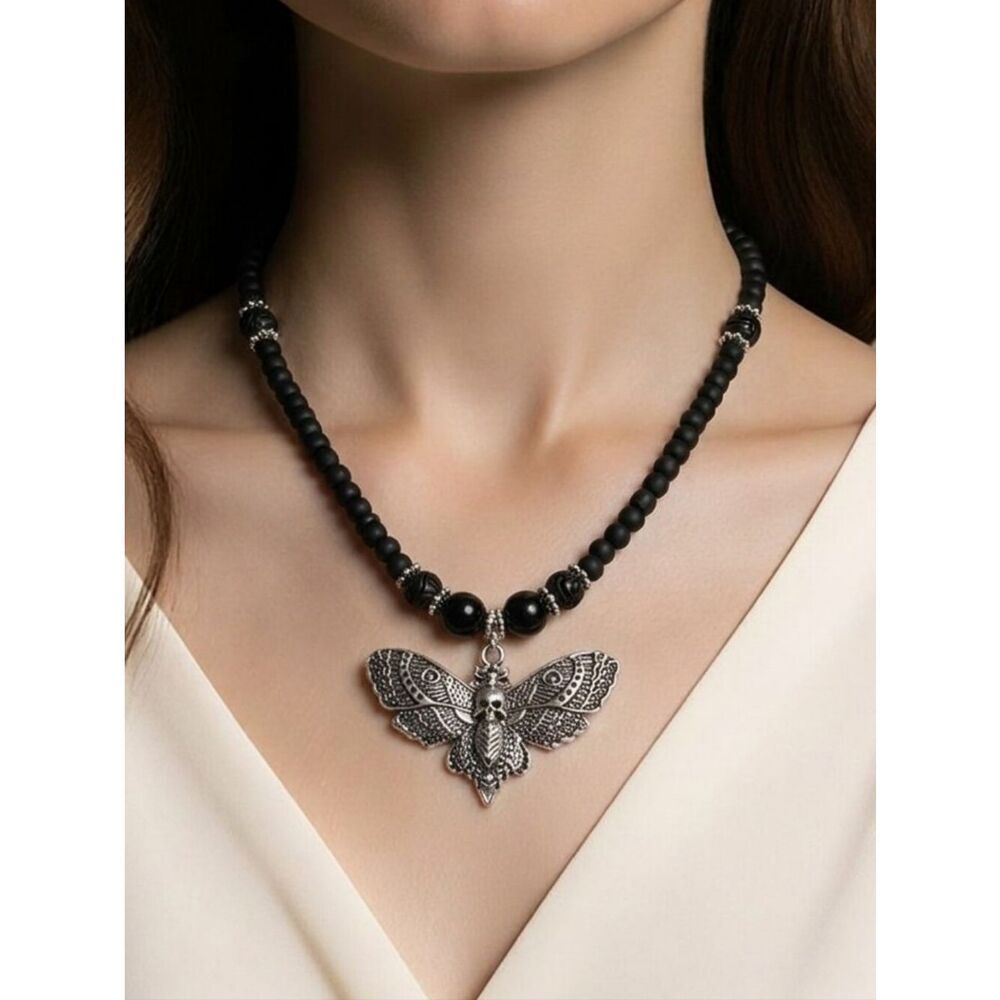 Gothic Death’s Head Moth Necklace | Black Beaded Skull Butterfly Art Nouveau